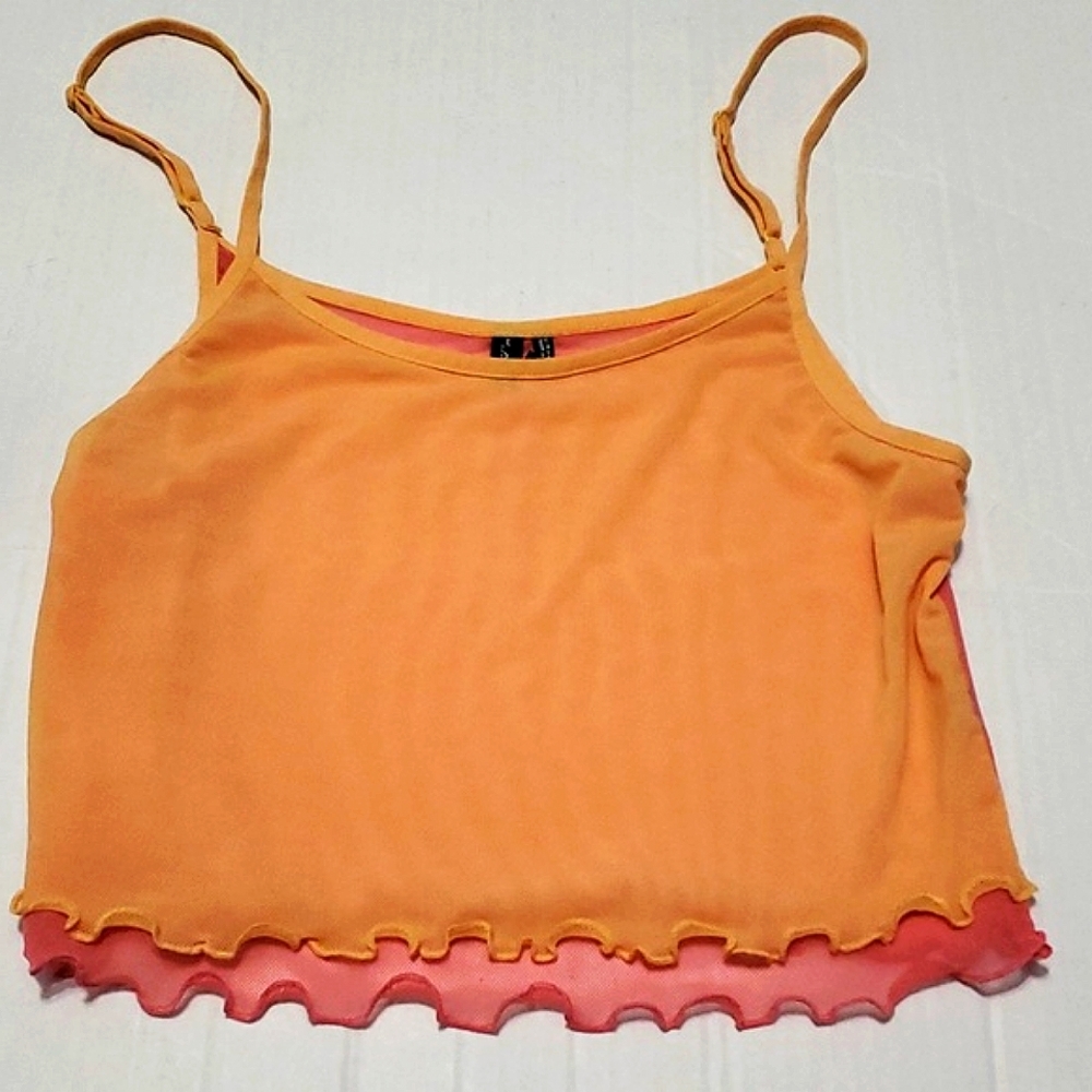 UO Out From Under Orange & Pink Meshed Lettuce Hem Cropped Cami Lounging